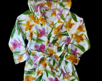 Floral Fleece Robe, white ground with pink and green flowers.