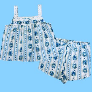 Handmade Cotton Summer Pajamas: Floral Stripe Eyelet Trim zdjęcie 1