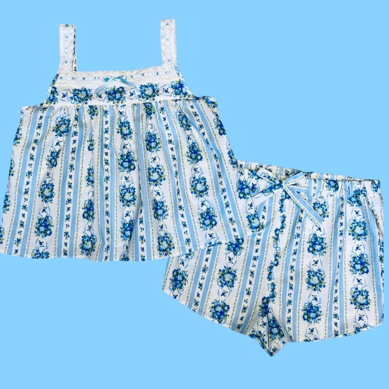 Handmade Cotton Summer Pajamas: Floral Stripe Eyelet Trim zdjęcie 1