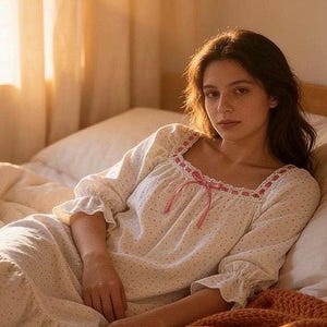 May include: A white nightgown with a delicate pink floral pattern, featuring three-quarter length sleeves with ruffled cuffs, a square neckline trimmed with pink embroidery, and a small pink ribbon bow centered at the chest.