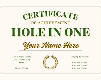 Certificado de hoyo en uno, certificado editable, premio al logro en golf