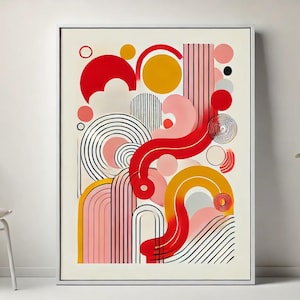 Modern Abstract Geometric Print in Bold Red, Yellow, and Pink Tones