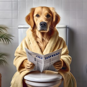 Ritratto personalizzato di un animale domestico, arte del bagno del cane, poster divertente del bagno, cane nel water, cane che legge il giornale sul water, regalo per il proprietario di un animale domestico