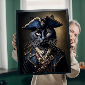 May include: A black cat wearing a blue and gold pirate hat and a blue jacket with gold buttons. The cat has a serious expression and is looking directly at the viewer.
