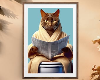 May include: A brown tabby cat wearing a beige bathrobe sits on a white toilet and reads a newspaper. The cat has a serious expression on its face.