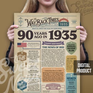Placa de jornal de aniversário de 90 anos, presente de aniversário de 90 anos para ela ou para ele, 90 anos atrás em 1934, decorações engraçadas para festas, quando nasceu com 90 anos