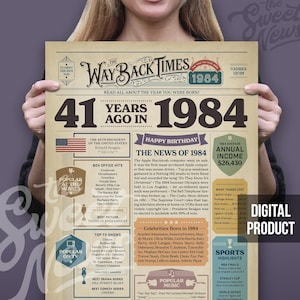 Póster de periódico divertido para el 41.º cumpleaños de 1984, regalo para él o ella, pancarta de decoración para fiestas de 41.º cumpleaños, datos curiosos sobre 1984 hace 41 años