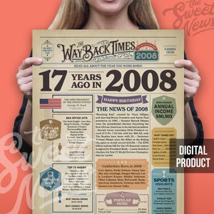 2008年17歳の誕生日の面白い新聞、17歳の誕生日パーティーのトリビアサインデコレーション、彼女へのプレゼント、17年前、彼または彼女へのアイデア、2008年のニュース