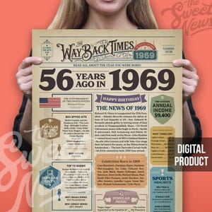 1969年 56歳の誕生日新聞、面白い56歳の誕生日の看板、56歳のポスターパーティーデコレーション、56歳の男性へのプレゼント、女性への誕生日