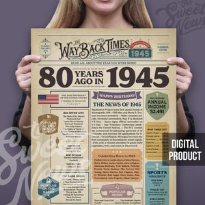 Periódico del 80.° cumpleaños de 1945, divertido cartel de trivia del 80.° cumpleaños para hombre y mujer, póster de 80 años, decoración para fiestas, regalo para personas de 80 años