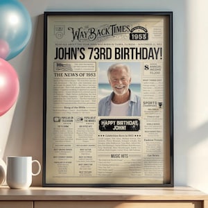 Personalized 73rd Birthday 1953 Newspaper Poster, Printed or Digital