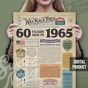 1965 Journal des 60 ans, panneau drôle pour les 60 ans, affiche des décorations de fête des 60 ans, cadeau pour les 60 ans, anniversaire pour homme et femme