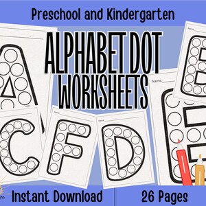 Puede incluir: Un conjunto de 26 hojas de trabajo de puntos de alfabeto para preescolar y jardín de infantes. Las hojas de trabajo presentan las letras mayúsculas A, B, C, D, E y F con círculos para rellenar con puntos. El título "Alphabet Dot Worksheets" está en texto negro sobre fondo azul. El texto "Instant Download" está en texto negro sobre fondo blanco. El texto "26 Pages" está en texto negro sobre fondo blanco.