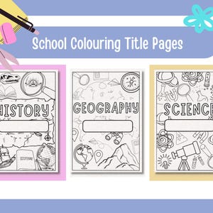 May include: Three black and white printable coloring pages for school subjects. The pages feature illustrations of a dinosaur, a globe, a compass, a telescope, a lightbulb, and other objects related to history, geography, and science. Each page has a title and a blank space for a name.