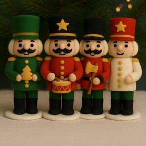 May include: Four standing nutcracker figurines arranged in a row. The first wears a green uniform with a tree, the second a red uniform with a drum, the third a red uniform with an axe, and the fourth a white uniform. All have black boots.