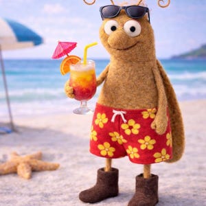 Handmade Felted Beach Cockroach Freddy Figurine, Funny Summer Bug Character, Tropical Shelf Decor, Vacation Gift