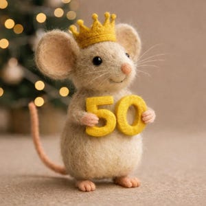 May include: A handmade felt mouse wearing a yellow crown, holding the number "50" in yellow. The mouse has a light beige body, pink ears and nose, and black eyes. The background is blurred with a Christmas tree and bokeh lights.