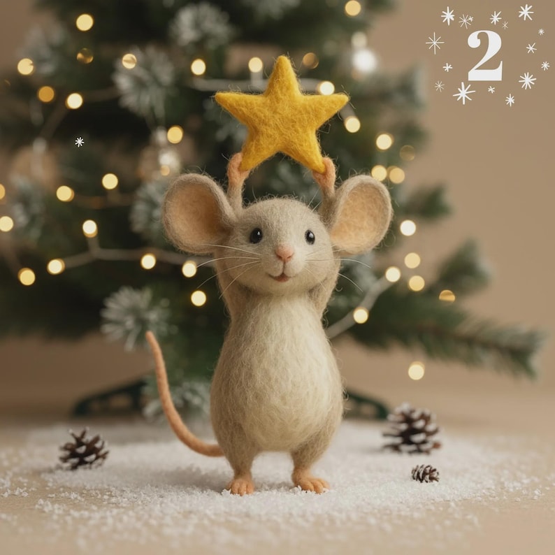 Needle Felted Christmas Mouse Holding Star, Santa Mouse Figurine, Handmade Wool Holiday Decor, Christmas Shelf Sitter, Christmas Gift 2