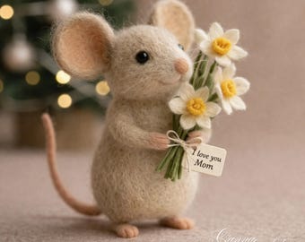 Topolino in feltro ad ago fatto a mano con narcisi, regalo per la festa della mamma, simpatica statuetta di animale in lana, decorazione primaverile, regalo di Pasqua, oggetto d'arte in feltro da collezione.