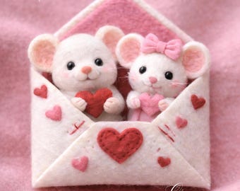 Handmade Felt Love Mice in Envelope – Mother's Day Gift, Valentine’s Day Gift, Wedding Gift, Anniversary Gift, Love Proposal Keepsake
