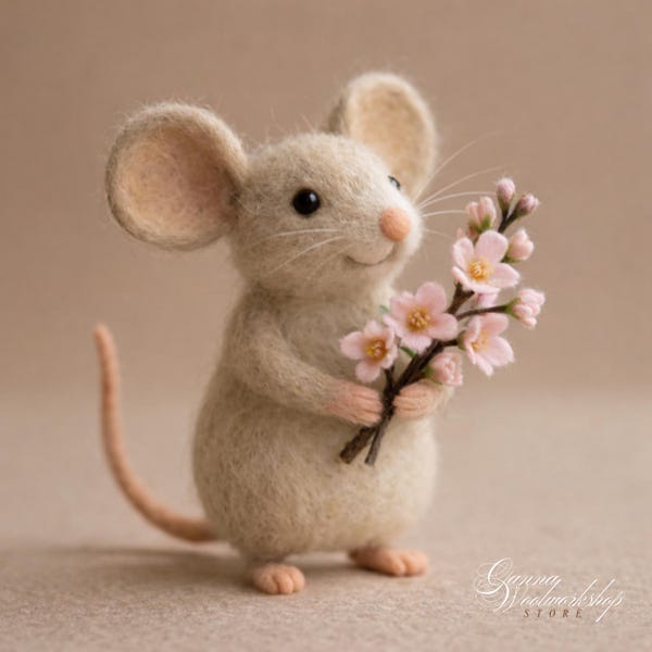 Handmade Needle Felted Mouse with Cherry Blossoms, Mother’s Day Gift, Cute Wool Animal Figurine, Spring Decor, Easter Gift, Collectible Art