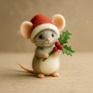 Handmade Felt Christmas Mouse – Wool Needle Felted Animal Figurine, Cute Holiday Shelf Sitter, Cozy Winter Home Decor Ornament Gift