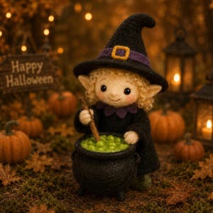 Halloween Witch Elf, Needle Felted Wool Figurine, Handmade Elf with Cauldron, Spooky Cute Autumn Decor, Halloween Gift