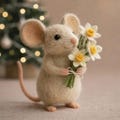 Handmade Needle Felted Mouse with Daffodils, Cute Wool Animal Figurine, Spring Decor, Easter Gift, Collectible Felt Art