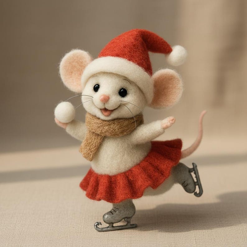 May include: A white mouse figurine wearing a red Santa hat, a brown scarf, and a red skirt, ice skating on a gray surface. The mouse is smiling and holding a white ball. The figurine is a festive holiday decoration.