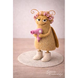Handmade Felted Cockroach Madame Quasi with Hair Dryer, Funny Bug Figurine, Miniature Desk Decor
