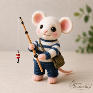 Needle Felted Fisherman Mouse, Handmade Wool Animal Figurine, Fishing Gift, Miniature Mouse Decor