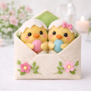 Könnte beinhalten: Osterdekoration aus Filz mit zwei gelben Küken, die aus einem cremefarbenen Umschlag kommen. Jedes Küken hält ein pastellfarbenes Ei. Der Umschlag ist mit rosa Blumen und grünen Blättern verziert. Ein bezauberndes Oster-Thema.