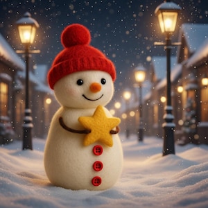 Könnte beinhalten: Ein skurriler Schneemann mit roter Strickmütze und gelbem Stern. Der Schneemann hat eine Karottennase, schwarze Augen und einen lächelnden Mund. Rote Knöpfe zieren den Körper des Schneemanns. Der Hintergrund zeigt eine verschneite Straße mit Straßenlaternen.