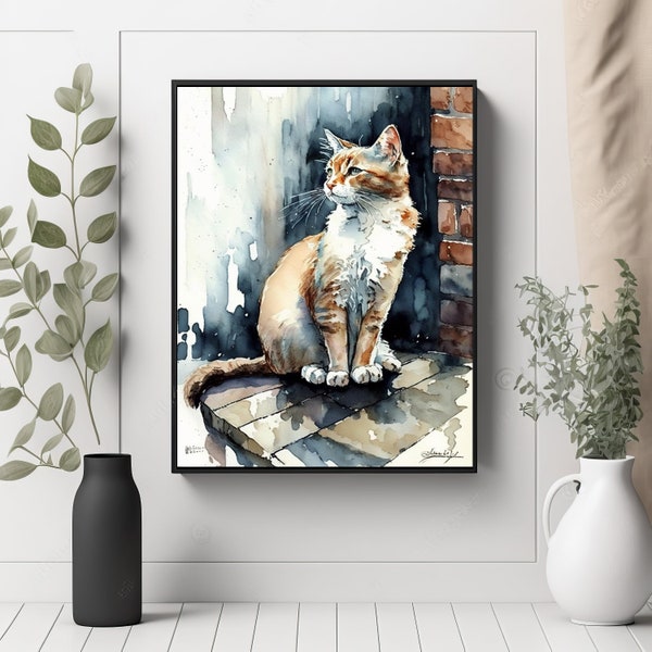 Watercolor Streetscape Cat | Street Corner Feline | Warm Earth Tones Blend | Bold Strokes | Intense Gaze | Red Bricks Painting | Sitting Pet