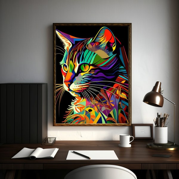 Pop Art Cat | Colorful Pussycat Poster | Psychedelic Home Decoration | Bold Feline Print | Vibrant Pussycat Illustration | Moggie Whiskers