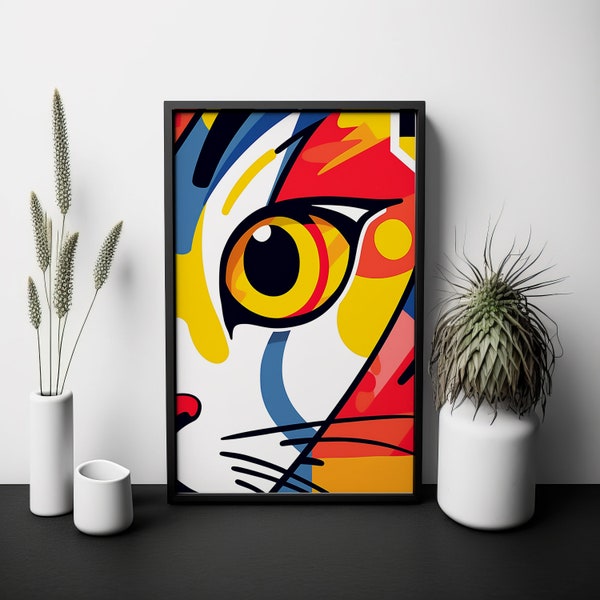 Roy Lichtenstein-inspired Artwork | Cat Gaze | Pop Comic Strip | Bold Abstract Design Poster | Intense Stare | Striking Graphic | Colorful
