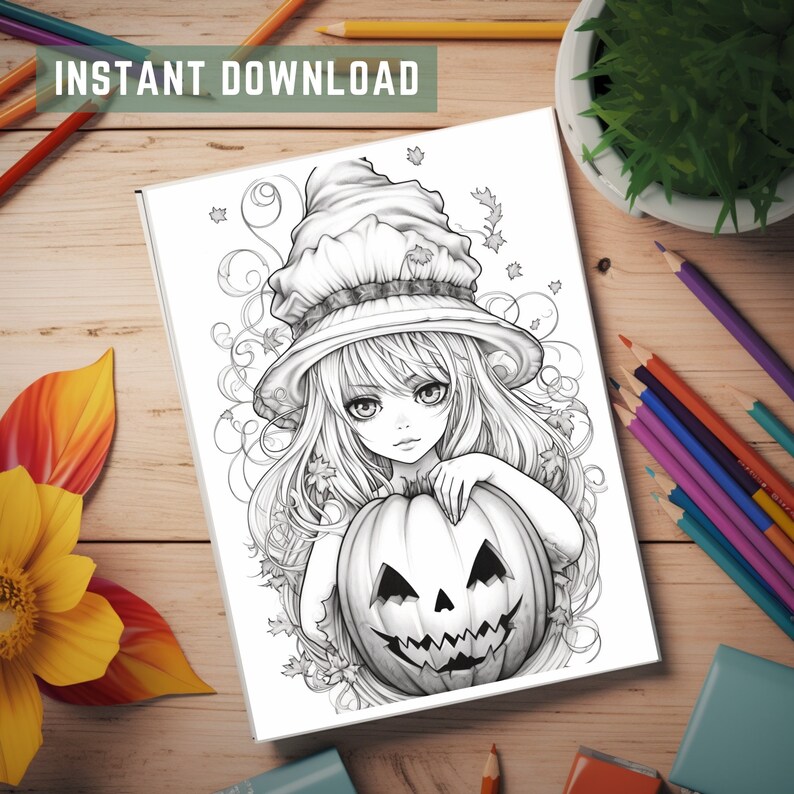 Halloween Anime Girl Coloring Book Page Manga Woman Etsy