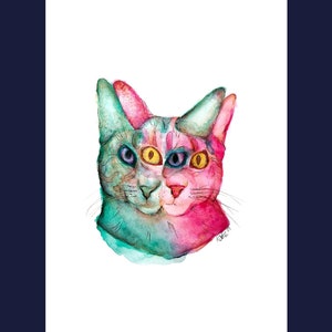 May include: Watercolor painting of a cat's face, split vertically with contrasting colors. One side is teal and green, the other is pink and red. The cat has two sets of eyes, one blue and one yellow.