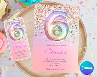 May include: A pink and purple birthday invitation with a rainbow-colored number six and glitter. The invitation says "Join us to celebrate Olivia's 6th Birthday Party, Saturday February 18th, 12-4 PM, 3456 Lake Rd, RSVP at 123-456-7890".