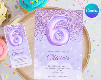Plantilla editable de invitación de 6º cumpleaños, purpurina púrpura, mariposa, noche estrellada, niña, 6º cumpleaños, descarga instantánea de Canva