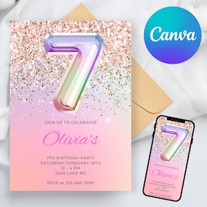 Editable 7th Birthday Invitation Template Pink Glitter Rainbow Holographic Girl 7th Birthday Instant Download Canva