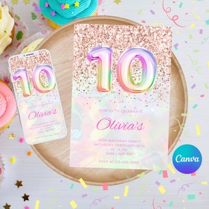 Bearbeitbare 10. Geburtstag Irisierende Einladung Vorlage Rosa Glitzer Regenbogen Mädchen 10. Geburtstag Sofort Download Canva