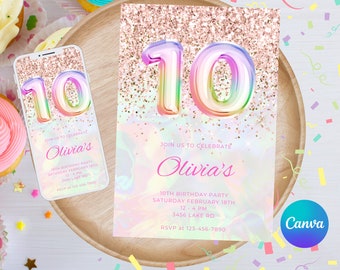 May include: A pink and gold birthday invitation with a holographic background and a large iridescent number 10. The invitation says "Join us to celebrate Olivia's 10th Birthday Party" and includes the date, time, and location of the party. The invitation also includes the RSVP information.
