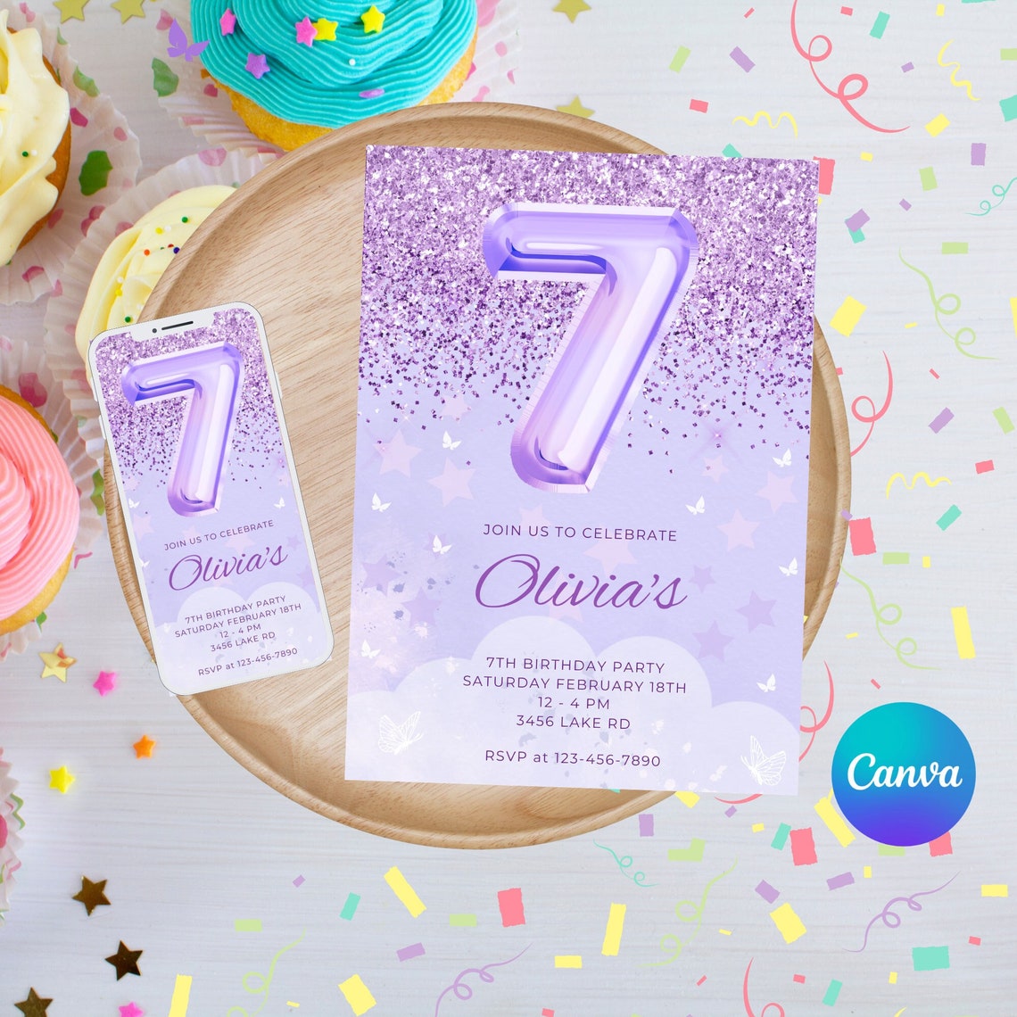 Editable 7th Birthday Invitation Template Purple Glitter Butterfl…