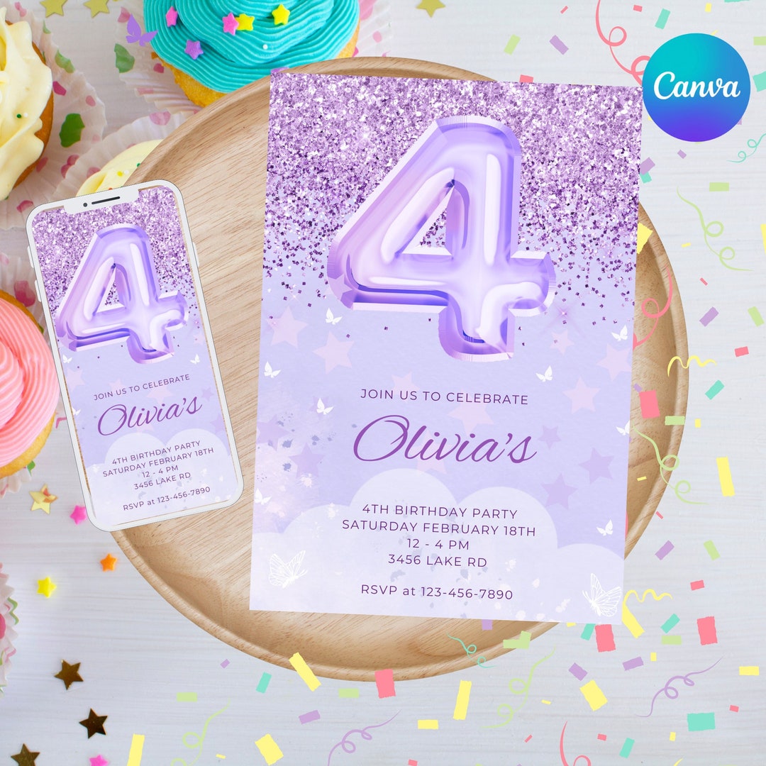 Editable 4th Birthday Invitation Template Purple Glitter Butterfly ...