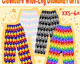 Könnte beinhalten: Vier Paar weite Hosen mit Rautenmuster. Die Hosen sind in den Farben Rot, Gelb, Blau, Weiß, Schwarz und Regenbogen. Der Text "xxs-6x" befindet sich in der oberen rechten Ecke des Bildes.