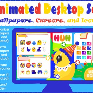 Geanimeerde bureaubladorganizer-achtergrondset // Clowncore Kidcore Aesthetic // Desktop-pictogramset // Geanimeerde cursor // Direct downloaden