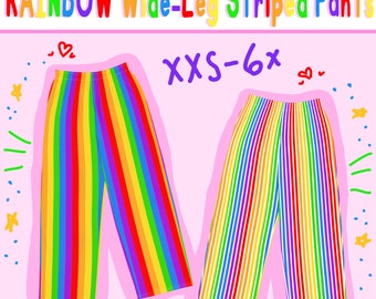 Könnte beinhalten: Zwei Paar weitbeinige Regenbogen-Streifenhosen. Die Hosen sind in verschiedenen Farben, darunter Rot, Orange, Gelb, Grün, Blau, Indigo und Violett. Der Text "XXS-6x" ist in Lila auf rosa Hintergrund geschrieben.