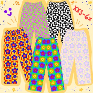 May include: A selection of patterned trousers featuring floral and checkerboard designs. The colour palette includes red, blue, green, and purple. The text "XXS-6x" is visible. The trousers are a variety of sizes.