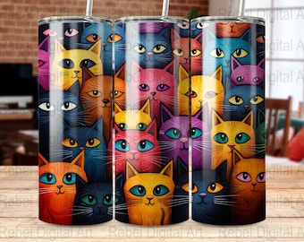 Colorful Cats 20 oz Skinny Tumbler Sublimation Design Digital Download PNG Instant DIGITAL ONLY, Colorful Multi-Cats Tumbler